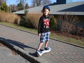 Jackson Jeffrey, 10, rides his hoverboard near Bell Park in Sudbury, Ont. on Tuesday November 10, 2020.