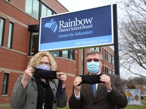 Mary Lou Hussak, executive director of United Way Centraide North East Ontario, dropped off 2,500 reusable mask to Norm Blaseg, director of education at Rainbow District School Board on Nov. 10. The masks will be delivered to Rainbow schools. UWCNEO is distributing nearly 27,000 reusable masks as part of the organizations Mask Task Initiative, funded through the community response fund.