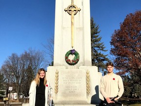 Emma Mantler and Eston Stiller pose for a photo in Memorial Park in downtown Sudbury, where they held a Remembrance Day performance on Nov. 8.