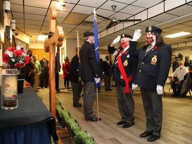Participants take part in a Remembrance Day service at Branch 564 of the Royal Canadian Legion in Sudbury, Ont. on Wednesday November 11, 2020. John Lappa/Sudbury Star/Postmedia Network