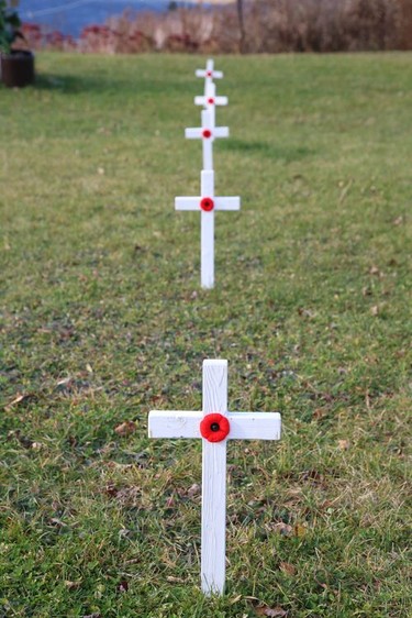 Crosses were placed on the grounds at a Remembrance Day service at Branch 76 of the Royal Canadian Legion in Sudbury, Ont. on Wednesday November 11, 2020. John Lappa/Sudbury Star/Postmedia Network
