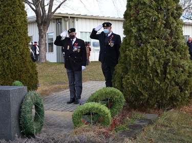 Participants take part in a Remembrance Day service at Branch 76 of the Royal Canadian Legion in Sudbury, Ont. on Wednesday November 11, 2020. John Lappa/Sudbury Star/Postmedia Network