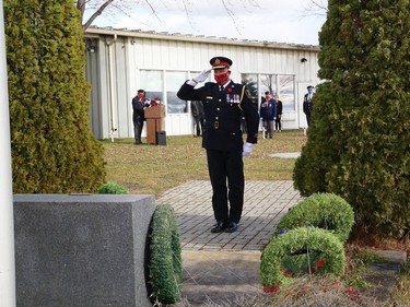 Greater Sudbury Police Chief Paul Pedersen takes part in a Remembrance Day service at Branch 76 of the Royal Canadian Legion in Sudbury, Ont. on Wednesday November 11, 2020. John Lappa/Sudbury Star/Postmedia Network