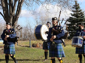 Lockerby Highlanders take part in a Remembrance Day service at Branch 76 of the Royal Canadian Legion in Sudbury, Ont. on Wednesday November 11, 2020.