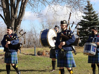 Lockerby Highlanders take part in a Remembrance Day service at Branch 76 of the Royal Canadian Legion in Sudbury, Ont. on Wednesday November 11, 2020. John Lappa/Sudbury Star/Postmedia Network