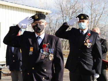Participants take part in a Remembrance Day service at Branch 76 of the Royal Canadian Legion in Sudbury, Ont. on Wednesday November 11, 2020. John Lappa/Sudbury Star/Postmedia Network