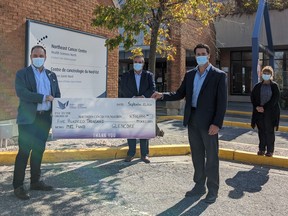 Glencore Integrated Nickel Operations has donated $500,000 to the Northern Cancer Foundation and Health Sciences North. The funds will be used to help buy a second MRI for HSN, as well as upgrading its current MRI. From the left are Anthony Keating, president and CDO of Foundations and Volunteer Groups at HSN; Dominic Giroux, president and CEO at HSN; Peter Xavier, vice-president of Glencore Sudbury INO; and Tannys Laughren, executive director at NCF. Supplied