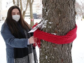 Anna Young, of the Reseau ACCESS Network in Sudbury, Ont., ties a red scarf around a tree at Memorial Park as part of HIV Awareness Week on Wednesday November 25, 2020.