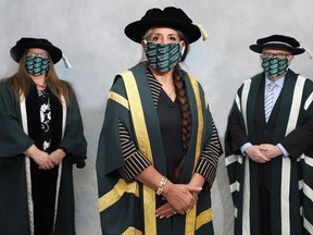 From the left are Mary-Liz Warwick, Huntington University board chair; Bela Ravi, Huntington University chancellor; and Kevin McCormick, Huntington University president and vice-chancellor. Supplied