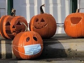 While these four pumpkins in Garson didn't observe social distancing on Halloween, one did wear a mask. If you are not turning your pumpkins into pies and other food items, they can be chopped up and put into a composter or placed beside a Green Cart on garbage/blue box pick-up day. HAROLD CARMICHAEL/SUDBURY STAR