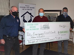 Knights of Columbus Council 1387 is once again supporting Sudbury's Inner-City Home. In the photo, Jesse Winters, trustee, Fr Brian McKee Knights of Columbus Council 1387, presents $1,500 to Joe Drago (middle), president of Inner-City Home board of directors, and Julio Navarro, vice president (right). Knights of Columbus Council 1387 is a participant at Delta Bingo and Gaming Centre. Supplied