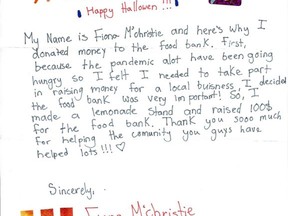 A letter written by Fiona McChristie and sent to the South Porcupine Food Bank along with her donation of $91.40 which she raised by setting up a lemonade stand.
