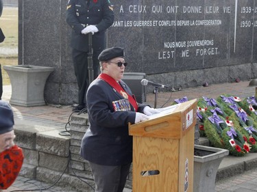 Timmins Legion's commander and Sergeant-at-arms Andréa Villeneuve expressed thanks to all veterans while addressing those in attendance at the Remembrance Day ceremony held in Timmins Wednesday.

RICHA BHOSALE/The Daily Press