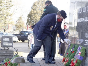 Anthony Villeneuve, a commander with Royal Canadian Legion Branch 88, lays a wreath at the cenotaph in Hollinger Park during the Remembrance Day ceremony in Timmins on Wednesday.

RICHA BHOSALE/The Daily Press
