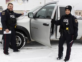 In an effort to reduce the number of incidents of theft from parked vehicles during Christmas shopping season, the Timmins Police Service is launching its annual "Lock It or Lose It" campaign. Helping to promote the campaign on Wednesday was TPS constables Jonathan Goulet and Caroline Rouillard.

RICHA BHOSALE/The Daily Press