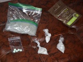 Approximately $20,000 worth of suspected cocaine, methamphetamine and oxycodone tablets were seized by Chatham-Kent police  at a St. Clair Street residence in Chatham, Ont., on Wednesday, Nov. 18, 2020. (Chatham-Kent Police Service Photo)