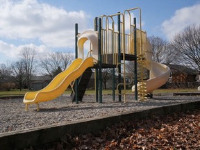 The old playground equipment at the Glendale Park, Allen and Christie Streets in Tillsonburg, has been scheduled to be removed and will be replaced by next spring. The swings, which are newer, will remain. (Chris Abbott/Norfolk and Tillsonburg News)