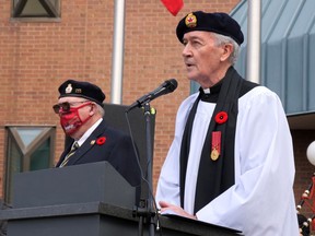 Paul Robinson, Branch Padre for Tillsonburg Legion Br. 153, speaks at the Remembrance Day cenotaph ceremony in Tillsonburg on Nov. 11, 2020. (Chris Abbott/Norfolk and Tillsonburg News)