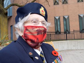 Second World War veteran Kay Tully, a member of Tillsonburg Legion Br. 153 for the past 60 years, attended this year's Nov. 11 Remembrance Day ceremony in Tillsonburg. She's 96. (Chris Abbott/Norfolk & Tillsonburg News)