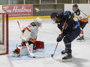 Hearst's Andrew Stephan denied the goal to the Cochrane Crunch as they faced off for game two of the weekend. The win went to the Lumberjacks. NOJHL photo by Emily Martin.TP.jpg