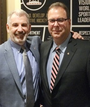 Former vice-president of hockey development with Hockey Canada Paul Carson, left with Kenora's Barry Reynard, who was recently re-elected to Hockey Canada's board of directors.