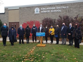 Huron-Bruce MPP Lisa Thompson and several local leaders announced the provincial government is investing $26.4 million in a new senior school for over 880 students in Kincardine in front of the current Kincardine District Senior School Thursday morning. Photo supplied. From left to right: Chrystel Murphy (home and school rep), Anne Eadie (mayor of Kincardine),Mark Ozorio (principal KDSS), Jan Johnstone (chair BWDSB), Chandra Tripathi (chair of the KDSS school council) Jordan Beisel (KDSS student council), Lili Hawco (student senator), Lisa Thompson (MPP, Huron-Bruce), Lori Wilder (director of education, BWDSB), Mitch Twolan (warden of Bruce County), John Peevers (Bruce Power director of communications, media relations and economic development), Wendy Kolohon (superintendent of education)