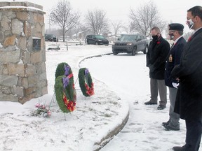 Wetaskiwin Mayor Tyler Gandam, Wetaskiwin Royal Canadain Legion Br. No. 86 President Ken Schubert and Cpl. Miachael Dennys from 3 CDSG Signal Sqaudron in Edmonton met at Wetaskiwin's Memorial Cemetery Saturday to lay wreaths at the ceotaph to mark No Stone Left Alone and Wetaskiwin's veterans who have passed away.