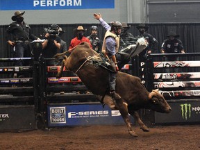 Zane Lambert in action during Thursday's opening round at the PBR Canada Monster Energy Tour Finals in Grande Prairie, Alta. Lambert tied for first place with Callum Miller on Thursday and moved on to the Short-Go on Friday.