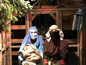 Sydney Pruden and Connor Irwin braved the cold to play the part of Mary and Joseph at the drive-by Live Nativity outside of the United Church in Lucknow on Christmas Eve. SUBMITTED