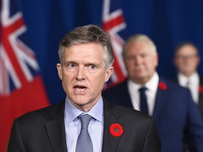 Ontario Finance Minister Rod Phillips speaks at a press conference at Queen's Park during the COVID-19 pandemic in Toronto on Tuesday, November 3, 2020. THE CANADIAN PRESS/Nathan Denette