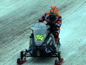 PETER RUICCI
Aaron Christensen bears down late in the 2020 I-500 Snowmobile Race in the Michigan Sault. Riding for Bunke Racing, Christensen led the team to a first-place finish over Ryan Faust of Faust Racing.