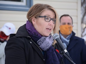 Grande Prairie MLA Tracy Allard speaks during a funding announcement in front of Sunrise House in Grande Prairie, Alta. on Friday, Nov. 6, 2020.