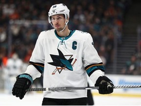 Logan Couture of the San Jose Sharks looks on during the second period of a game against the Anaheim Ducks at Honda Center on October 05, 2019 in Anaheim, California.