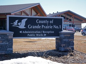 A sign outside the County of Grande Prairie administration office in Clairmont, Alta. Saturday, April 18, 2020.