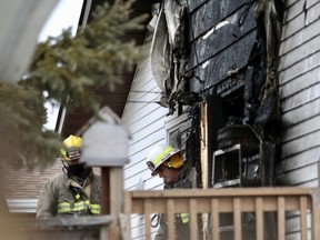 Greater Sudbury firefighters respond to a blaze on Cote Avenue in Chelmsford on Tuesday afternoon.