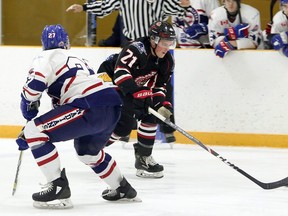 Devon Savignac (21) in action with the Blind River Beavers in a game against the Rayside-Balfour Canadians during the 2019-20 NOJHL season. Savignac, now with the Espanola Express for 2020-21, is one of the Eastlink TV Three Stars for the period ending Nov. 29.