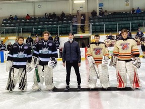 Philadelphia Flyers goalie and Park native Carter Hart came out to drop the puck for one of the few games that Randy Rosen's Sherwood Park Squires have been able to play this season. Photo Supplied