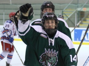 Tyler Kutschinski and the Sherwood Park U-18 AAA Kings have certainly seen a lot of offence in the six games that they have squeezed in before the sporting shutdown. Those six games saw a total of 73 goals scored. Photo courtesy Target Photography
