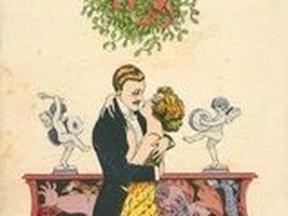 A vintage print showing kissing under the mistletoe.