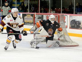 The NOJHL has announced the Timmins Rock will tangle with East Division-rival Hearst Lumberjacks in a six-game series starting at the McIntyre Arena on Sunday, Dec. 13. Currently tied for top spot in the division, each boasting records of 5-1-0, the Rock had a 1-0 lead in their best-of-seven semifinal series when the COVID-19 pandemic resulted in the cancelation of the 2020 playoffs. Rock forward Zach Smith and Lumberjacks goalie Liam Oxner, seen here during a regular-season matchup at the McIntyre Arena on Dec. 1, 2019, are among those looking forward to the series. FILE PHOTO/THE DAILY PRESS