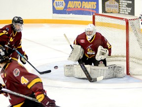 Tyler Masternak, shown preparing to make a save during the Timmins Rock’s 4-1 win over the Rayside-Balfour Canadians at the McIntyre Arena on Nov. 28, has been named the NOJHL’s Goaltender of the Month for November. Masternak features an NOJHL-best 0.73 goals against average and .866 saves percentage and his NOJHL-career-best 17th shutout is the lone whitewash in the league to this point in the season. THOMAS PERRY/THE DAILY PRESS