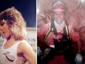 Christine Jaworski in competition, left, and in her role as a firefighter.