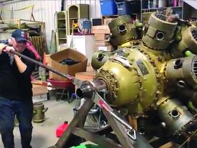 Karl Kjarsgaard, project manager of the Halifax bomber recovery project, was able to hand-crank this engine, which was used in the Halifax bomber, after making repairs at the Bomber Command Museum of Canada. With this test being a success, he says the engine will run again.