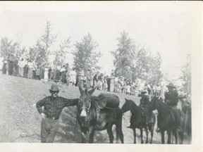 PRMA 1978.932.018  Information associated with this photograph of Baldy Red (George Yeoman) and his unnamed mule (note what appears to be a keg strapped to its side) and many other celebrants, suggests it was taken at the time of the opening of the (old) Smoky River Bridge southeast of Tangent in 1949/50, since replaced. On further investigation, the timing of the bridge completion and Baldys and mules attendance is not possible, as Baldy, according to two divergent sources died, in either 1936 or 1943.