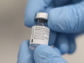 A vial of the Pfizer/BioNTech COVID-19 vaccine is seen ahead of being administered at the Royal Victoria Hospital  in Belfast, Northern Ireland.
