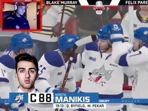 Sudbury Wolves celebrate a goal by Kosta Manikis in this screen grab from Blake Murray's second-round matchup in the Memorial eCup on Tuesday.