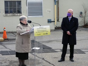 Sister Sandra Shannon of the Sisters of Providence talks about the old hospital as MPP Steve Clark listens. Wayne Lowrie/Recorder and Times