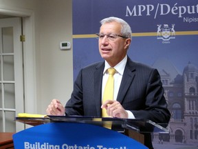 Nipissing MPP Vic Fedeli announces that the province is providing $407,000 to the District of Nipissing Social Services Administration Board aimed at assisting the homeless, Friday.
PJ Wilson/The Nugget