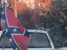 The white truck flying a confederate flag was spotted by concerned residents on Wednesday, Dec. 9. The Strathcona County Diversity Committee will host an online workshop called Stepping Up: Responding to everyday bigotry on Thursday, Dec. 17. Photo via Twitter