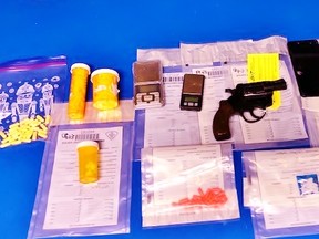 An illegal snub-nosed handgun and a selection of hard narcotics were seized on Freeman Crescent in Simcoe Friday following the execution of a search warrant. – Norfolk OPP photo